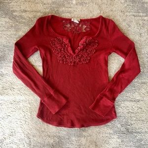 Lucky Brand Red Lace Detail Thermal Waffle Henley